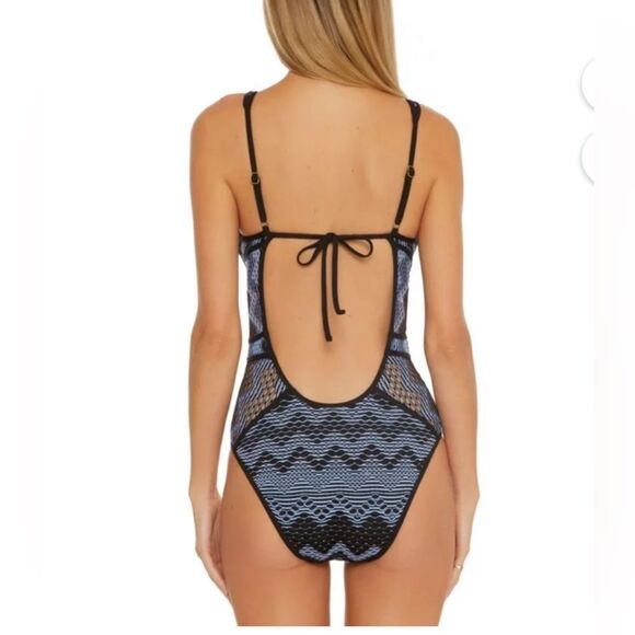 Becca Swimsuit One Piece Crochet Plunge Neck Blue and black Size XS New - Picture 3 of 7